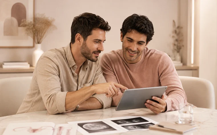Casal homoafetivo em consulta sobre reprodução assistida