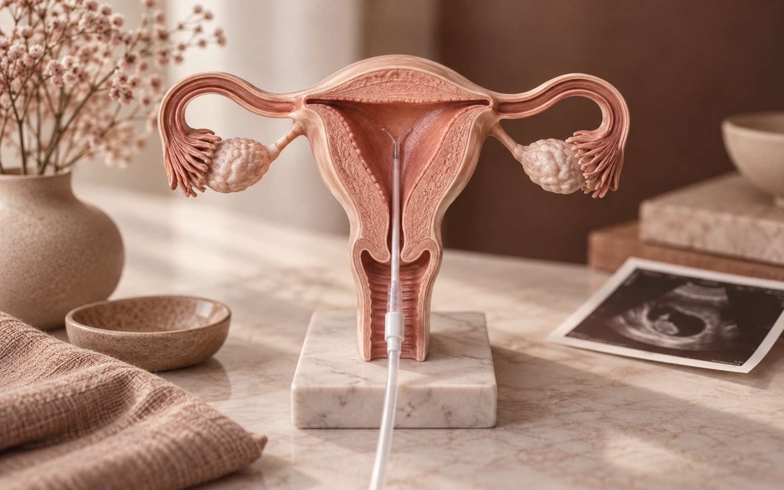 Mãos femininas apontando para uma ilustração do útero com representação da inseminação intrauterina sobre uma mesa.
